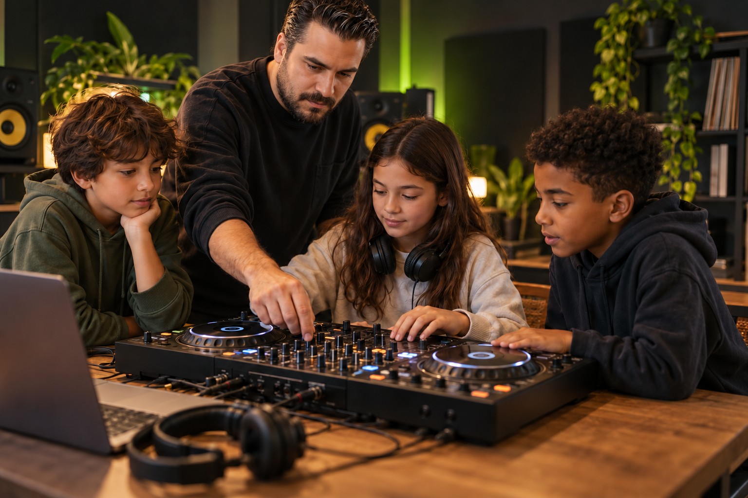 Temsili eğitim ortamında DJ ekipmanını keşfeden çocuk grubu ve yetişkin eğitmen.