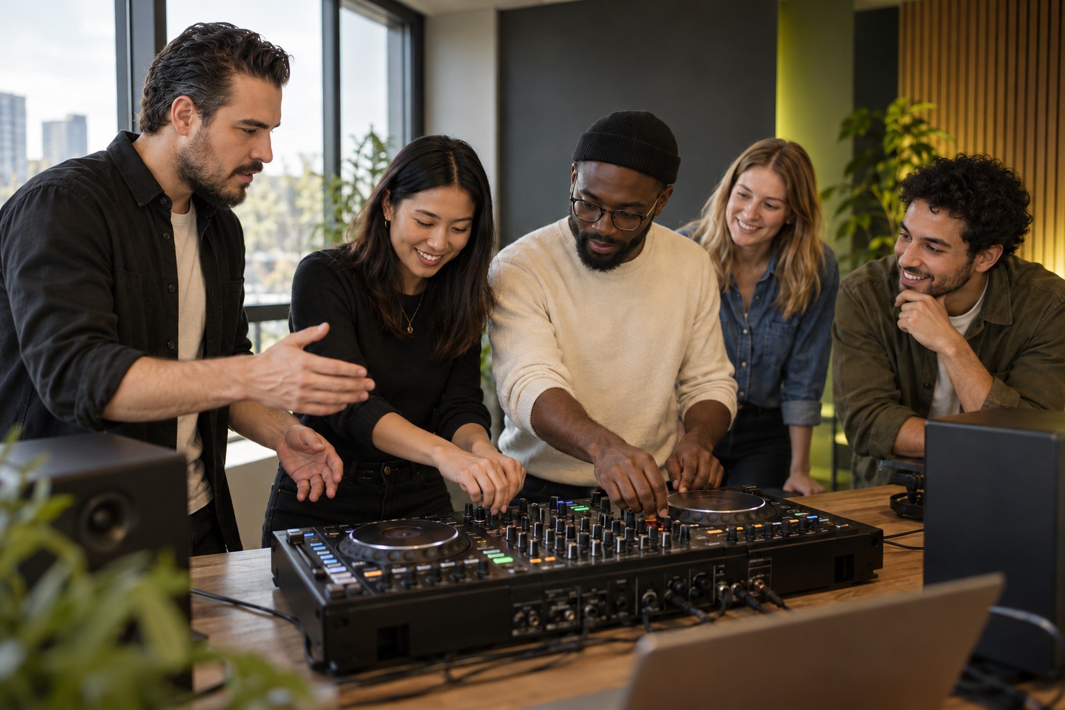 Temsili şirket workshopunda DJ ekipmanı etrafında birlikte çalışan yetişkin ekip.